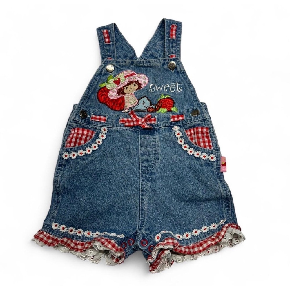 Vintage Strawberry Shortcake Denim Overalls Gingham Ruffle Shortalls 18M RN15435